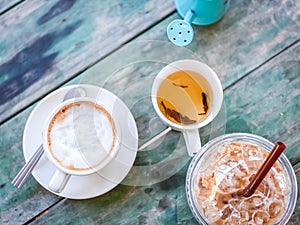 Hot coffee cappuccino on wood table