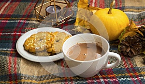 Hot coffee or chocolate cup on cosy blanket with cookies and aut