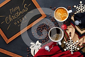 Hot coffee and christmas and happy new year day greeting wooden frame on black table background