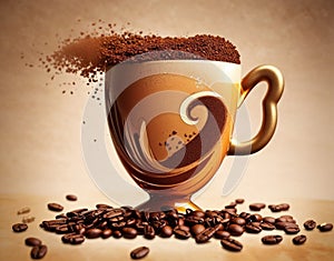 Hot coffee in a clay cup and a plate, whole or ground coffee beans lie on brown background, generative using ai tool