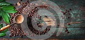 Hot coffee in a coffeepot or turk on a wooden background with coffee leaves and beans, horizontal with copy space