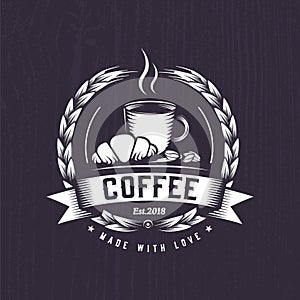 Hot Coffee and Croissant retro illustration, Vintage Logo for a coffee shop with coffee beans next to it. Morning breakfast drawin