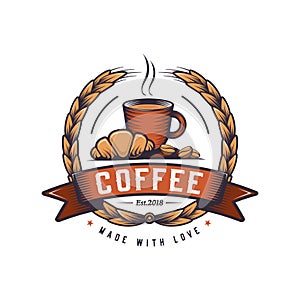 Hot Coffee with croissant retro logo design. Vintage co coffee shop badge