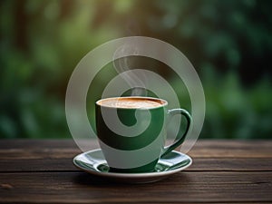 Hot coffee in the cup on blurred dark green nature background.