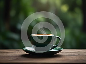 Hot coffee in the cup on blurred dark green nature background.