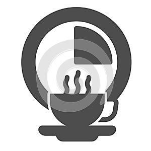 Hot coffee cup and clock solid icon, remote work concept. Vector graphics. Coffee break timer sign on white background