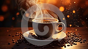 Hot coffee cup and coffee beans background with place for text