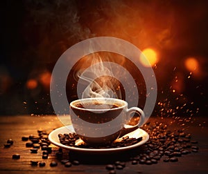 Hot coffee cup and coffee beans background with place for text