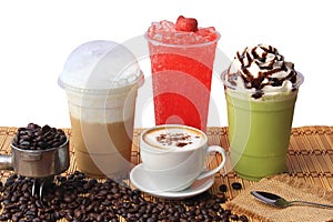 Hot coffee cup with coffee beans on the wooden table, Cold coffee, Iced matcha green tea and fruit soda for summer drink