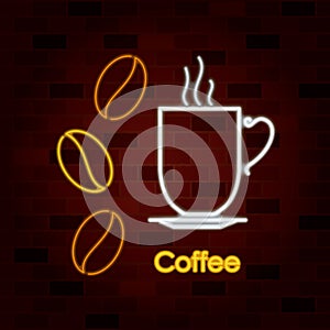Hot coffee cup on dish and coffee beans in neon sign on brick wall