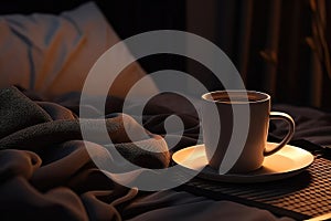 Hot Coffee Cup Next To Cozy Bed At Night