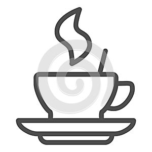 Hot coffee in a cup on saucer line icon. Mug with drink and steam symbol, outline style pictogram on white background