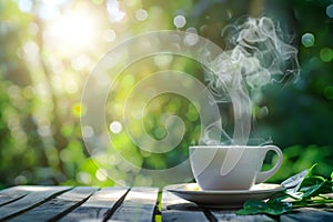 Hot coffee cup on table with green nature background. Relax time concept