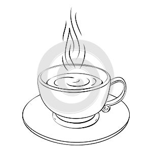 Hot coffee cup or teacup line drawing isolated on white. Coffee break or tea sketch icon. outline illustration of one