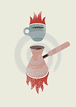 Hot Coffee cup and Turkish coffee pot with flame vector vintage grunge poster design. Emblem for cafe and coffee house.