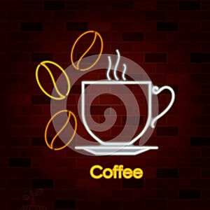Hot coffee drinking cup on dish and coffee beans in neon sign on brick wall