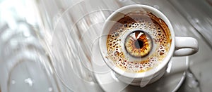 Hot coffee espresso with eye on light background. Copy space. Top view