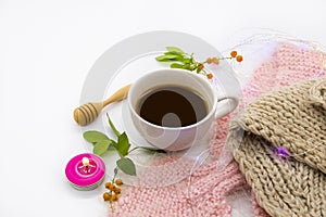 Hot coffee espresso with knitting scarf of lifestyle arrangement flat lay postcard style