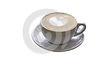 Hot coffee Espresso topped with a heart-shaped milk in white glass on a white background with clipping path