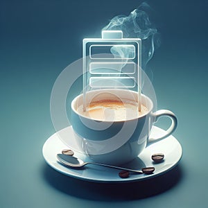 hot coffee with a faint steam. An image of the battery status bar almost full. floating on top.Concept of coffee to recharge your