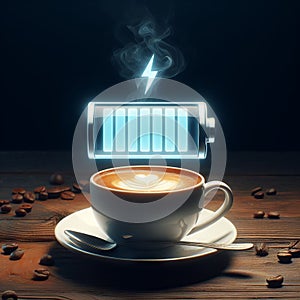 hot coffee with a faint steam. An image of the battery status bar almost full. floating on top.Concept of coffee to recharge your