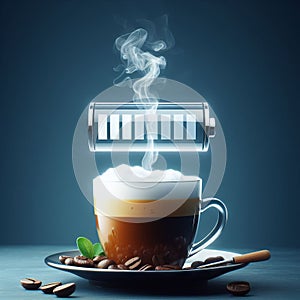 hot coffee with a faint steam. An image of the battery status bar almost full. floating on top.Concept of coffee to recharge your