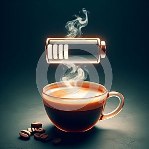 hot coffee with a faint steam. An image of the battery status bar almost full. floating on top.Concept of coffee to recharge your