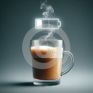 hot coffee with a faint steam. An image of the battery status bar almost full. floating on top.Concept of coffee to recharge your