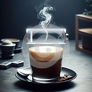 hot coffee with a faint steam. An image of the battery status bar almost full. floating on top.Concept of coffee to recharge your