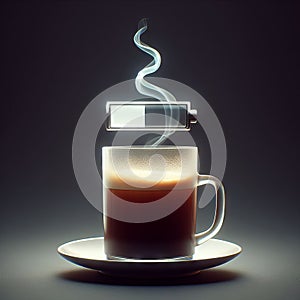 hot coffee with a faint steam. An image of the battery status bar almost full. floating on top.Concept of coffee to recharge your