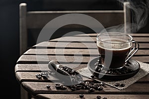 Hot coffee in a glass cup and  coffee beans on wooden table on dark background