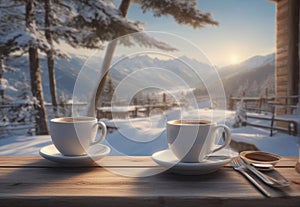 Hot coffee or hot chocolate, winter landscape background