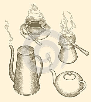 Hot coffee, hot tea, cup. hand-drawn illustration. Vintage Retro engraving