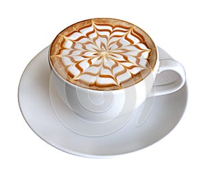 Hot coffee latte art caramel flower shape foam isolated on white background, path