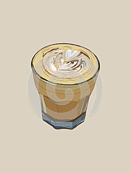 Hot coffee with latte art, sketch vector.