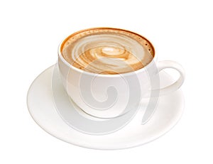 Hot coffee latte art spiral shape foam, cappuccino isolated on white background, clipping path