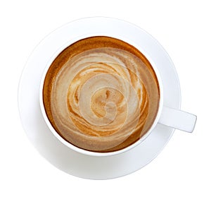 Hot coffee latte cappuccino spiral foam in ceramic cup top view
