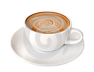 Hot coffee latte cappuccino spiral foam isolated on white background, path