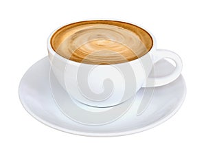 Hot coffee latte cappuccino spiral foam isolated on white background, path