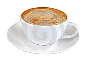 Hot coffee latte cappuccino spiral foam isolated on white background, path