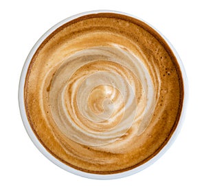 Hot coffee latte cappuccino spiral foam top view isolated on white background, clipping path