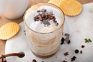 Hot coffee latte and cappuchino in a glass and mug photo