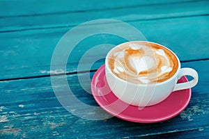 Hot Coffee Latte Cup on Wooden Table with Copy Space. Top View