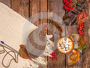 Hot coffee with marshmallow serving on a cozy autumn table