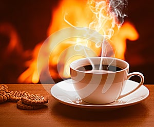 Hot coffee near fireplace