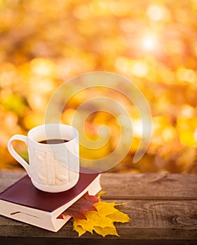 Hot coffee and red book with autumn leaves on wood background - seasonal relax concept