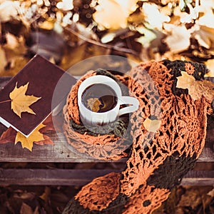 Hot coffee and red book with autumn leaves on wood background - seasonal relax concept