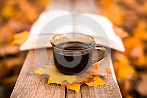 Hot coffee and red book with autumn leaves on wood background - seasonal relax concept