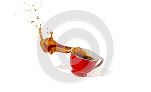 Hot coffee red cup spilling and coffee water splash isolated on white background with shadow