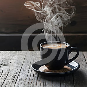 Hot coffee steams on rustic wooden table, cozy morning